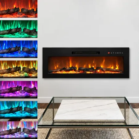 Camino Elettrico da Parete in Acciaio Vetro Nero Fiamma LED 2 kW