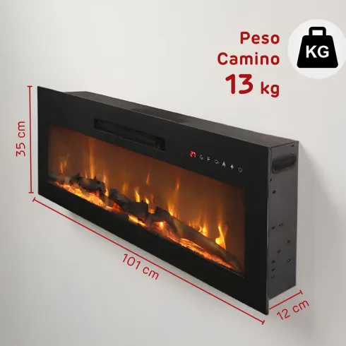 Camino Elettrico da Parete in Acciaio Vetro Nero Fiamma LED 2 kW