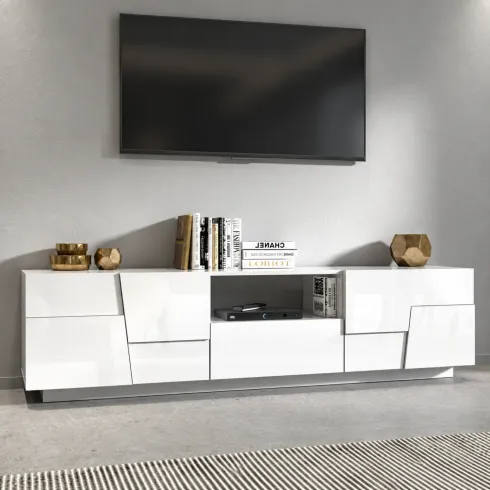 Porta TV Madia Mobile 4 Ante Cassetto 220 cm Bianco Lucido Soggiorno