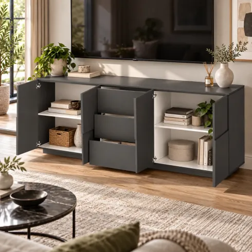 Madia 220 cm Credenza 4 Ante 4 Cassetti Grigio Antracite da Soggiorno