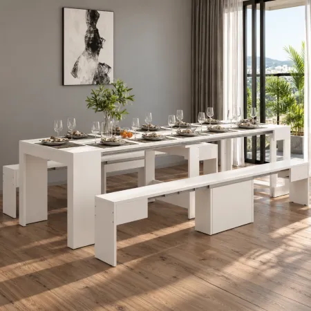 Set 2 Panche Allungabili Sovrapponibili Bianco 66-290 cm da Pranzo