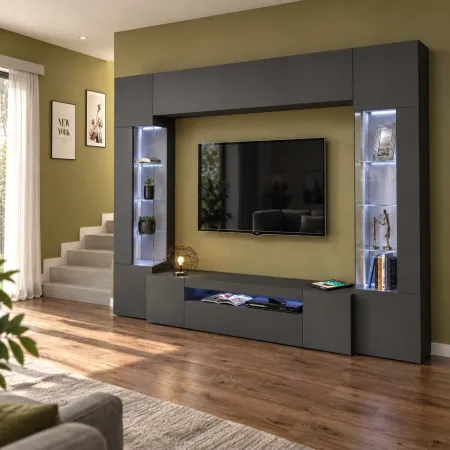Parete Attrezzata Soggiorno Mobile TV Vetrine Grigio Antracite 290 cm