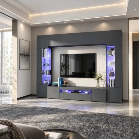 Parete Attrezzata Soggiorno Mobile TV Vetrine Grigio Antracite 290 cm
