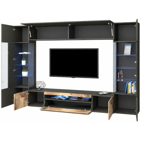 Mobile TV 290 cm Parete Attrezzata Soggiorno Vetrine Antracite Rovere