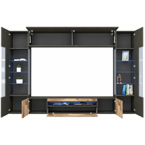 Mobile TV 290 cm Parete Attrezzata Soggiorno Vetrine Antracite Rovere