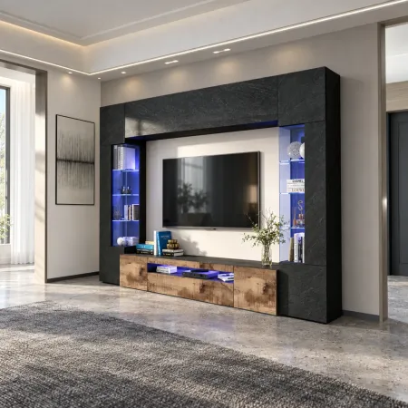 Mobile TV 290 cm Parete Attrezzata Soggiorno Vetrine Antracite Rovere