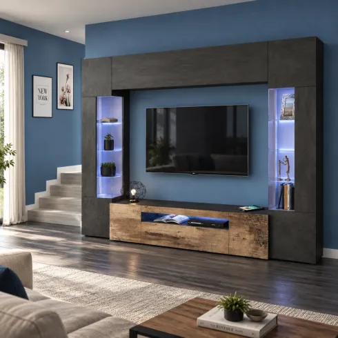 Mobile TV 290 cm Parete Attrezzata Soggiorno Vetrine Antracite Rovere