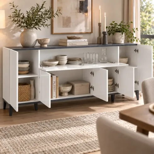 Madia da Soggiorno Bianco Ardesia Credenza 4 Ante 1 Ribalta 200 cm