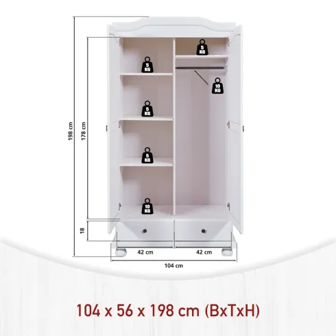 Armadio 2 Ante 2 Cassetti con Ripiani e Appendiabiti Cabina Guardaroba