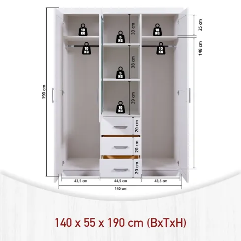 Armadio 3 Ante Bianco Specchio Cassetti Appendiabiti Camera da Letto