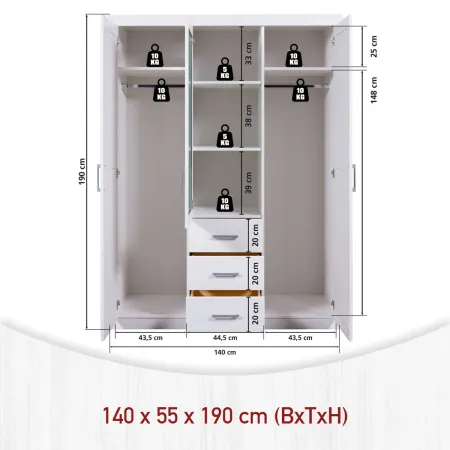 Armadio 3 Ante Bianco Specchio Cassetti Appendiabiti Camera da Letto