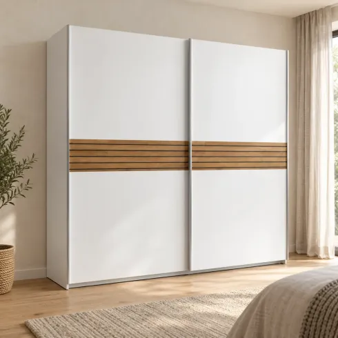 Armadio Camera da Letto 2 Ante Scorrevoli Bianco Inserti Rovere 200 cm