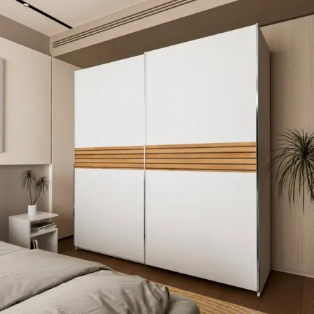 Armadio Camera da Letto 2 Ante Scorrevoli Bianco Inserti Rovere 200 cm