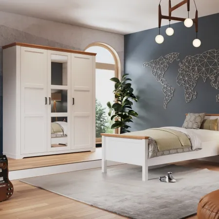 Armadio Camera da Letto 3 Ante Legno Bianco Effetto Rovere con Specchi