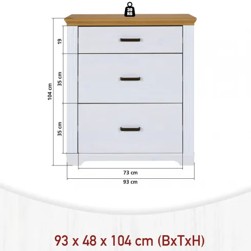 Cassettiera Camera da Letto in Legno Bianco Rovere Mobile 3 Cassetti