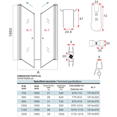Box Doccia Saloon 70 80 90 100 120 8 mm a Nicchia 2 Anta Battente Porta Parete | BricoShop24