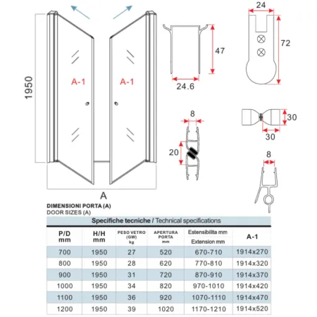 Box Doccia Saloon 70 80 90 100 120 8 mm a Nicchia 2 Anta Battente Porta Parete | BricoShop24
