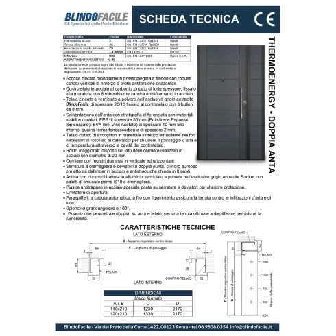 Porta Blinda 2 Ante da Interno Configurabile Classe 3-4 Noce e Bianco