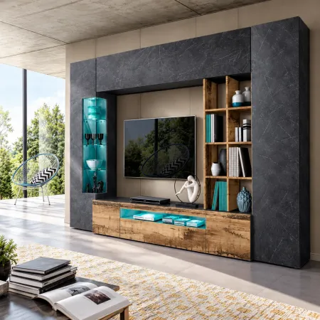 Parete da Soggiorno Mobile TV Vetrina Pensili 290 cm Ardesia Acero