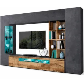 Parete da Soggiorno Mobile TV Vetrina Pensili 290 cm Ardesia Acero