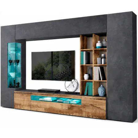 Parete da Soggiorno Mobile TV Vetrina Pensili 290 cm Ardesia Acero