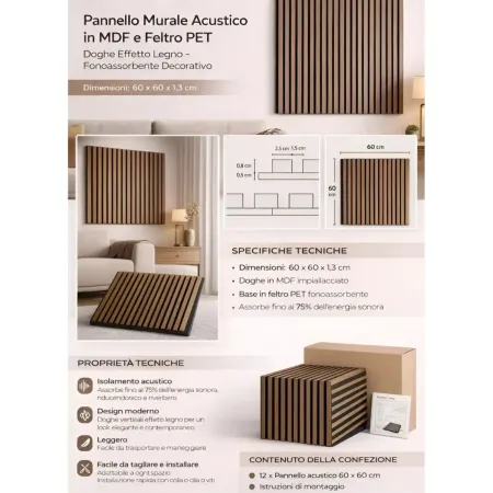 Set 12 Pannelli Acustici MDF Feltro PET 60x60 cm Effetto Legno Noce