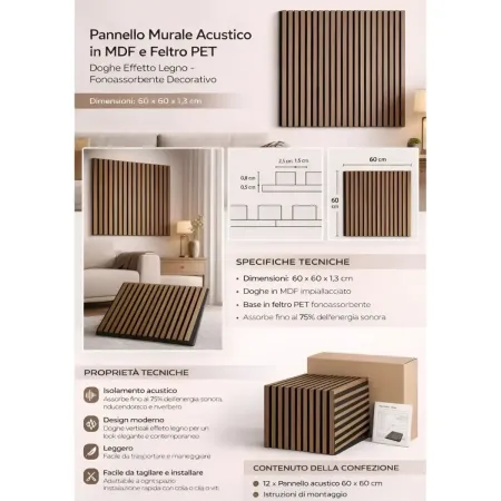 Set 12 Pannelli Acustici MDF Feltro PET 60x60 cm Effetto Legno Rovere