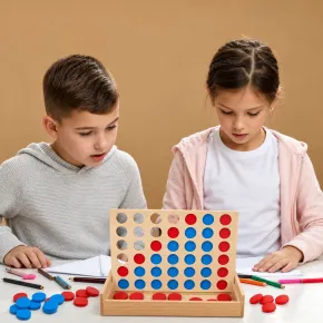 Gioco 4 in Linea da Tavolo in Legno con 42 Gettoni Colorati Strategia 2