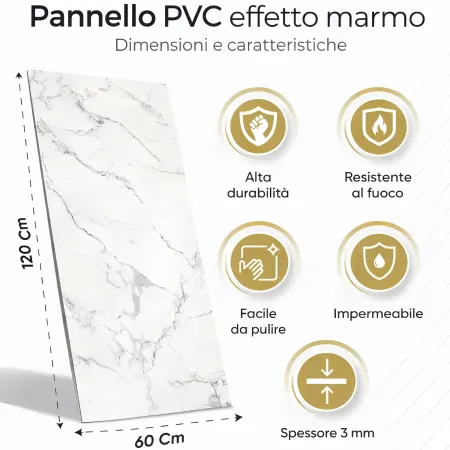 6 Pannelli Murali PVC Effetto Marmo Bianco Impermeabili 120x60 cm
