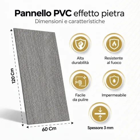 Set 6 Pannelli da Parente Decorativi PVC Effetto Pietra Cemento 120x60