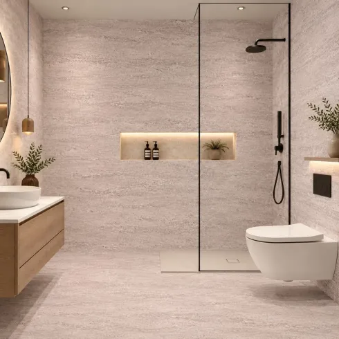 Set 6 Pannelli Murali PVC Effetto Travertino Beige 120x60 Impermeabile