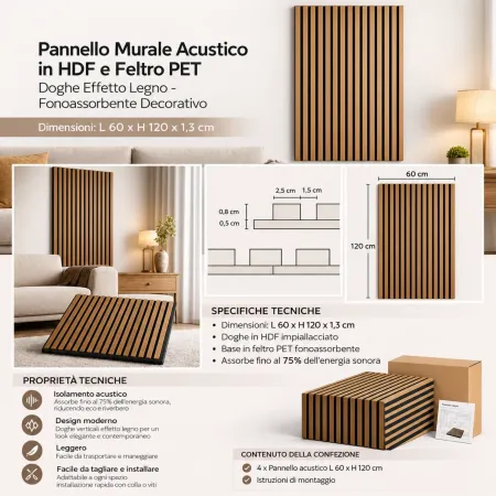 Set 4 Pannelli Acustici a Doghe Effetto Rovere HDF Feltro 120x60 cm