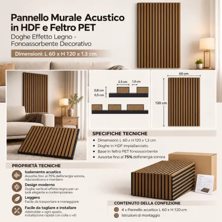 Set 4 Pannelli Acustici a Doghe Effetto Noce HDF Feltro 120x60 cm