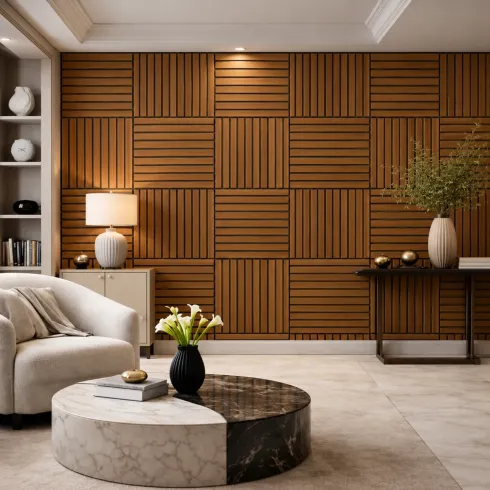 12 Pannelli Acustici a Doghe Effetto Legno Teak MDF Feltro 60x60 cm