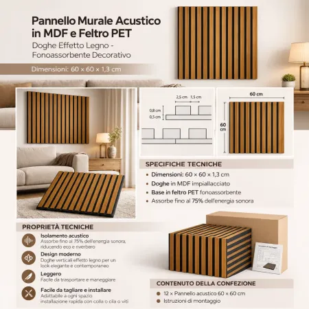 12 Pannelli Acustici a Doghe Effetto Legno Teak MDF Feltro 60x60 cm