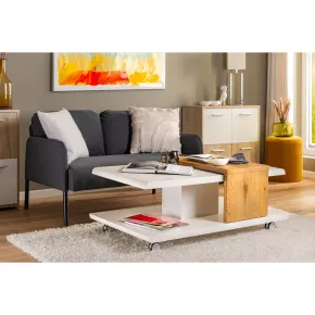 Tavolo Caffe 110x66 Bianco con Ruote Basso Salotto Divano Tavolino Rettangolare 2