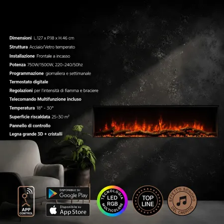 Camino Elettrico da Incasso 127 cm LED RGB Wi-Fi 1500W con Telecomando