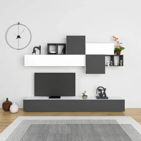 Parete Attrezzata in Legno Bianco e Antracite 260 cm Ante a Ribalta Porta TV
