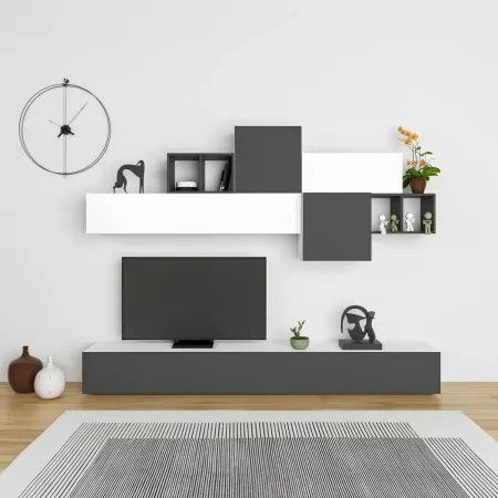 Parete Attrezzata in Legno Bianco e Antracite 260 cm Ante a Ribalta Porta TV
