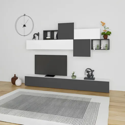 Parete Attrezzata in Legno Bianco e Antracite 260 cm Ante a Ribalta Porta TV
