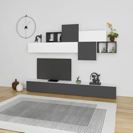 Parete Attrezzata in Legno Bianco e Antracite 260 cm Ante a Ribalta Porta TV