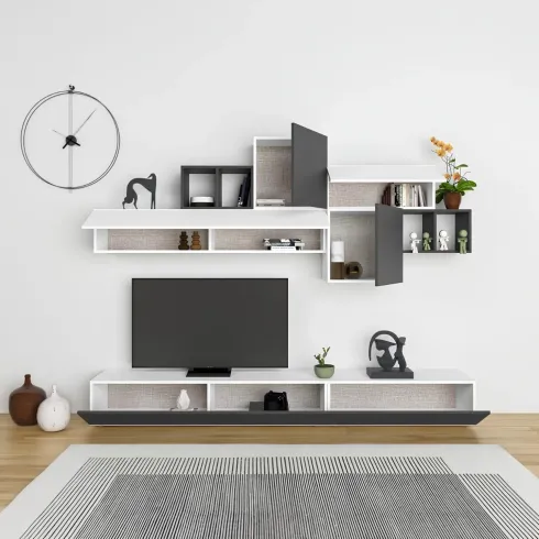 Parete Attrezzata in Legno Bianco e Antracite 260 cm Ante a Ribalta Porta TV